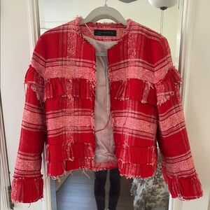 Zara Red Cropped Blazer with Fringed Details